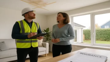Do you work with insurance companies for building repairs? A Christchurch living room with visible ceiling water damage being inspected by a builder holding a clipboard, while a homeowner observes. Insurance documents rest on a nearby table.