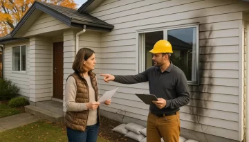 What’s the process if I need repairs after a flood, fire or earthquake? A Christchurch-style home showing light exterior damage after a natural disaster, with a builder pointing at a cracked wall while the homeowner holds documents. Sandbags and smoke stains are visible, with autumn leaves and a clear sky in the background.