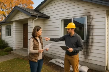 What’s the process if I need repairs after a flood, fire or earthquake? A Christchurch-style home showing light exterior damage after a natural disaster, with a builder pointing at a cracked wall while the homeowner holds documents. Sandbags and smoke stains are visible, with autumn leaves and a clear sky in the background.