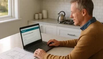 building consent. A Christchurch homeowner sitting at a kitchen bench with a set of renovation plans, laptop open on the council consent webpage, relaxed morning light, clean tidy setting