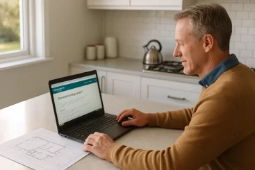 building consent. A Christchurch homeowner sitting at a kitchen bench with a set of renovation plans, laptop open on the council consent webpage, relaxed morning light, clean tidy setting
