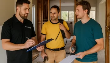 building team. A builder coordinating with two subcontractors on a residential renovation site, clipboard in hand, partially completed interior