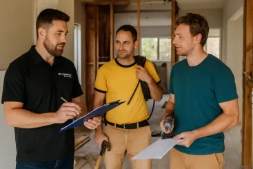 building team. A builder coordinating with two subcontractors on a residential renovation site, clipboard in hand, partially completed interior