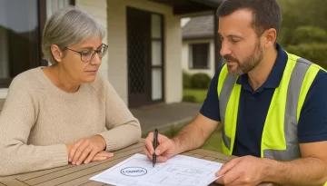 council consents Christchurch. A homeowner sitting at a table with a builder, going over paperwork with council stamps and diagrams, casual setting, daytime, Christchurch-style home in background.