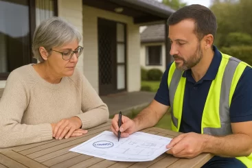 council consents Christchurch. A homeowner sitting at a table with a builder, going over paperwork with council stamps and diagrams, casual setting, daytime, Christchurch-style home in background.