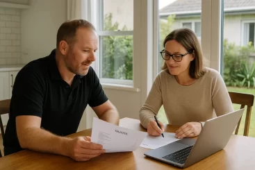 fixed quote or hourly rate. A builder and homeowner sitting at a table with a laptop and quote paperwork, relaxed tone, natural light, Christchurch-style home interior