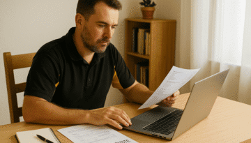 insurance repair quote. ChatGPT said: Alt text: "Middle-aged New Zealand builder in a black polo shirt reviewing an insurance quote at a wooden desk with a laptop, papers, and a notepad in a home office.