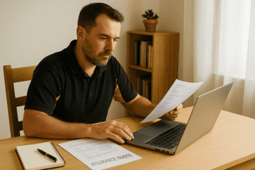 insurance repair quote. ChatGPT said: Alt text: "Middle-aged New Zealand builder in a black polo shirt reviewing an insurance quote at a wooden desk with a laptop, papers, and a notepad in a home office.