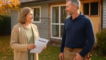 insurance repair without managed repair. A Christchurch homeowner stands with a builder outside a partially repaired home, holding insurance paperwork, discussing next steps in a relaxed autumn setting.