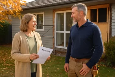 insurance repair without managed repair. A Christchurch homeowner stands with a builder outside a partially repaired home, holding insurance paperwork, discussing next steps in a relaxed autumn setting.