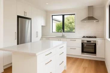 kitchen renovation cost. A digital photograph of a modern, renovated Christchurch kitchen - white cabinetry, stone benchtop, wood flooring, bright natural light