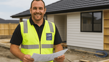 licensed builder Christchurch. New Zealand builder wearing a high-vis vest with LBP logo, holding building plans and smiling in front of a house under construction on a residential site.