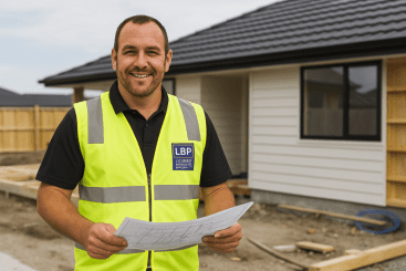 licensed builder Christchurch. New Zealand builder wearing a high-vis vest with LBP logo, holding building plans and smiling in front of a house under construction on a residential site.