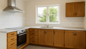 Partially renovated L-shaped kitchen with updated light grey benchtops, white subway tile splashback, and original oak cabinetry in a New Zealand home.