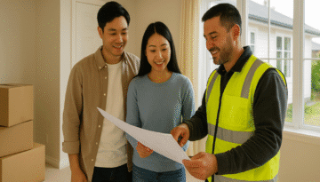Asian couple standing with a builder in a hi-vis vest, reviewing renovation plans inside their newly purchased home, with moving boxes in the background. post-purchase home renovation