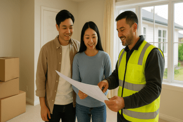 Asian couple standing with a builder in a hi-vis vest, reviewing renovation plans inside their newly purchased home, with moving boxes in the background. post-purchase home renovation