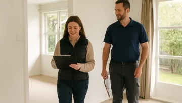 property managers. A property manager and a builder walking through a rental property, clipboard in hand, discussing work needed. Clean and tidy, natural light, Christchurch-style home