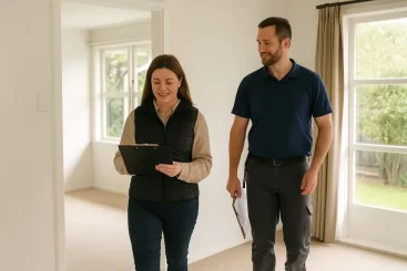 property managers. A property manager and a builder walking through a rental property, clipboard in hand, discussing work needed. Clean and tidy, natural light, Christchurch-style home