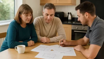 renovation cost estimate. A couple sits at their kitchen table with a builder, reviewing renovation sketches and cost estimates. Cups of tea and natural light create a relaxed, friendly atmosphere.