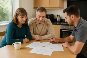 renovation cost estimate. A couple sits at their kitchen table with a builder, reviewing renovation sketches and cost estimates. Cups of tea and natural light create a relaxed, friendly atmosphere.