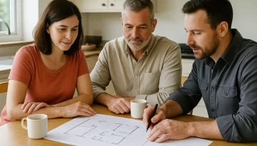 renovation design. A couple looking at renovation plans at a kitchen table with a designer or architect, natural light, relaxed environment, visible design sketches on paper.