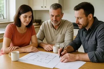 renovation design. A couple looking at renovation plans at a kitchen table with a designer or architect, natural light, relaxed environment, visible design sketches on paper.