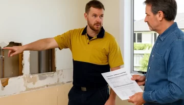 A builder pointing to a wall cavity or plumbing issue in a half-renovated room, explaining the situation to a homeowner with printed variation paperwork in hand, natural light, Christchurch-style home. A builder pointing to a wall cavity or plumbing issue in a half-renovated room, explaining the situation to a homeowner with printed variation paperwork in hand, natural light, Christchurch-style home.
