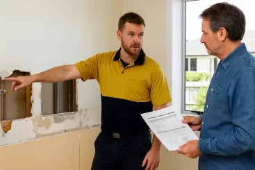 A builder pointing to a wall cavity or plumbing issue in a half-renovated room, explaining the situation to a homeowner with printed variation paperwork in hand, natural light, Christchurch-style home. A builder pointing to a wall cavity or plumbing issue in a half-renovated room, explaining the situation to a homeowner with printed variation paperwork in hand, natural light, Christchurch-style home.