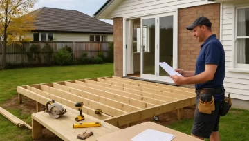 renovation services. A builder reviewing plans on-site in a residential backyard, visible deck construction in progress, neat tools, partially renovated home,
