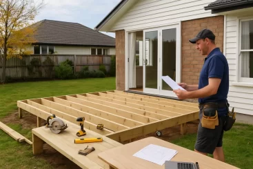 renovation services. A builder reviewing plans on-site in a residential backyard, visible deck construction in progress, neat tools, partially renovated home,