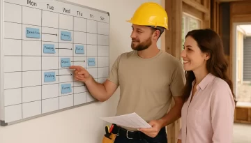 renovation timeline. A builder and homeowner standing in front of a large wall calendar or whiteboard with a renovation schedule, partially renovated home in the background, daytime natural lighting, friendly conversation.