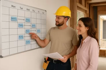 renovation timeline. A builder and homeowner standing in front of a large wall calendar or whiteboard with a renovation schedule, partially renovated home in the background, daytime natural lighting, friendly conversation.