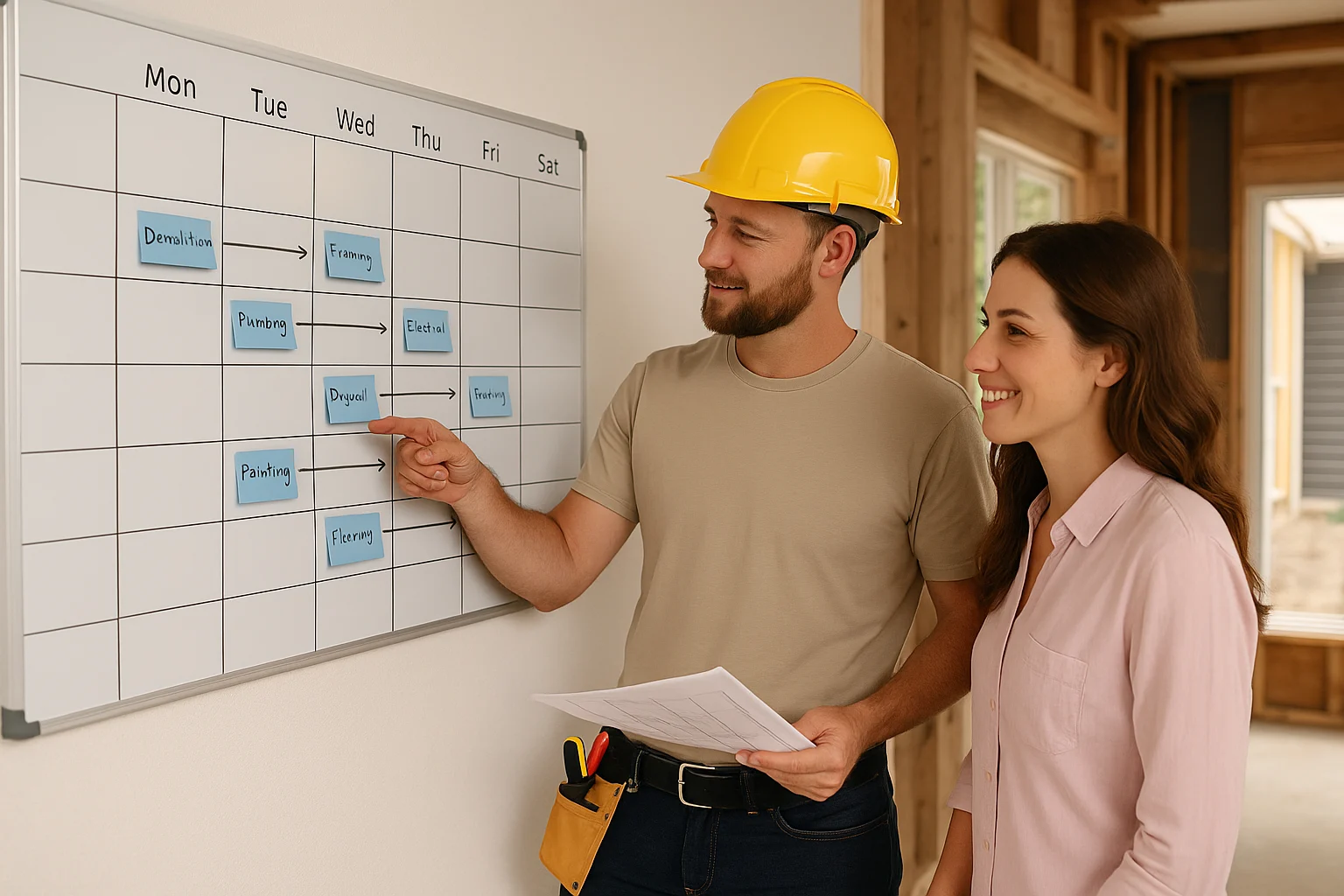 renovation timeline. A builder and homeowner standing in front of a large wall calendar or whiteboard with a renovation schedule, partially renovated home in the background, daytime natural lighting, friendly conversation.