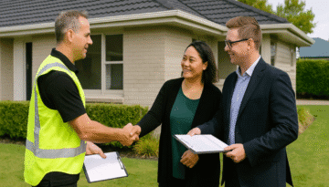 renovation timing with real estate agent. New Zealand builder in hi-vis vest shaking hands with a Māori woman homeowner, while a real estate agent looks on with a clipboard outside a tidy home.