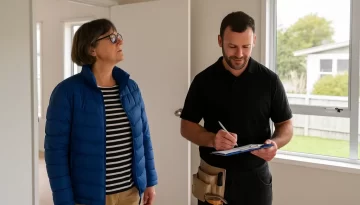 rental property renovations. A man and a woman inside a clean, empty rental property. One holds a clipboard as they inspect the interior, assessing wear and tear.