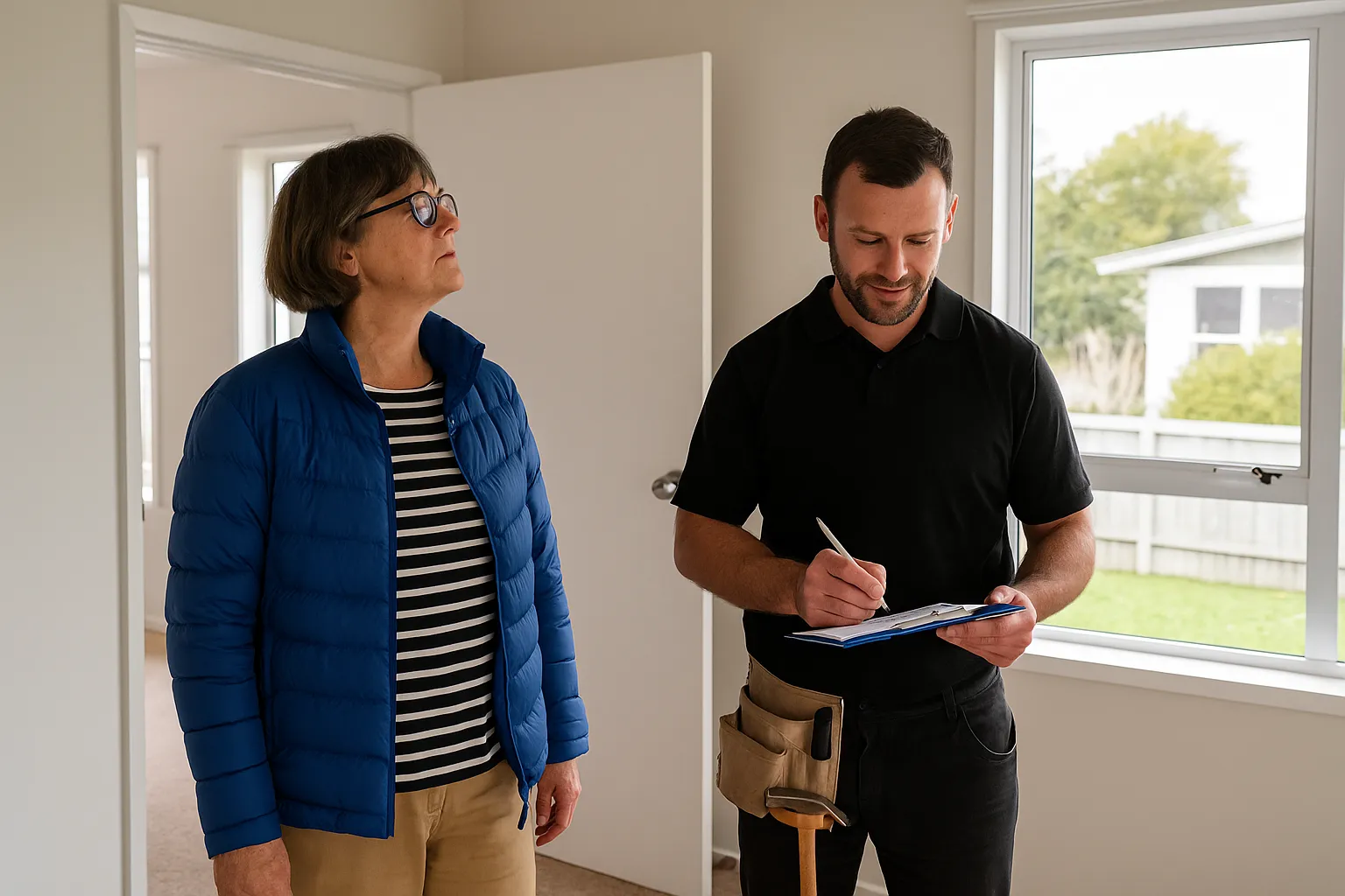 rental property renovations. A man and a woman inside a clean, empty rental property. One holds a clipboard as they inspect the interior, assessing wear and tear.