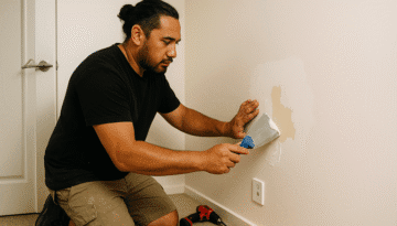 small insurance repairs. Māori tradesman in casual workwear repairing a small patch of water damage on an interior wall, surrounded by tools in a New Zealand home.