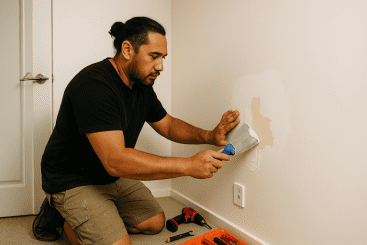 small insurance repairs. Māori tradesman in casual workwear repairing a small patch of water damage on an interior wall, surrounded by tools in a New Zealand home.