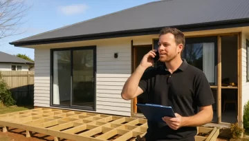 start a renovation. A builder on the phone at a residential site, clipboard or schedule in hand, sunny Christchurch day, early stages of site prep