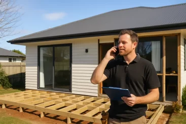 start a renovation. A builder on the phone at a residential site, clipboard or schedule in hand, sunny Christchurch day, early stages of site prep